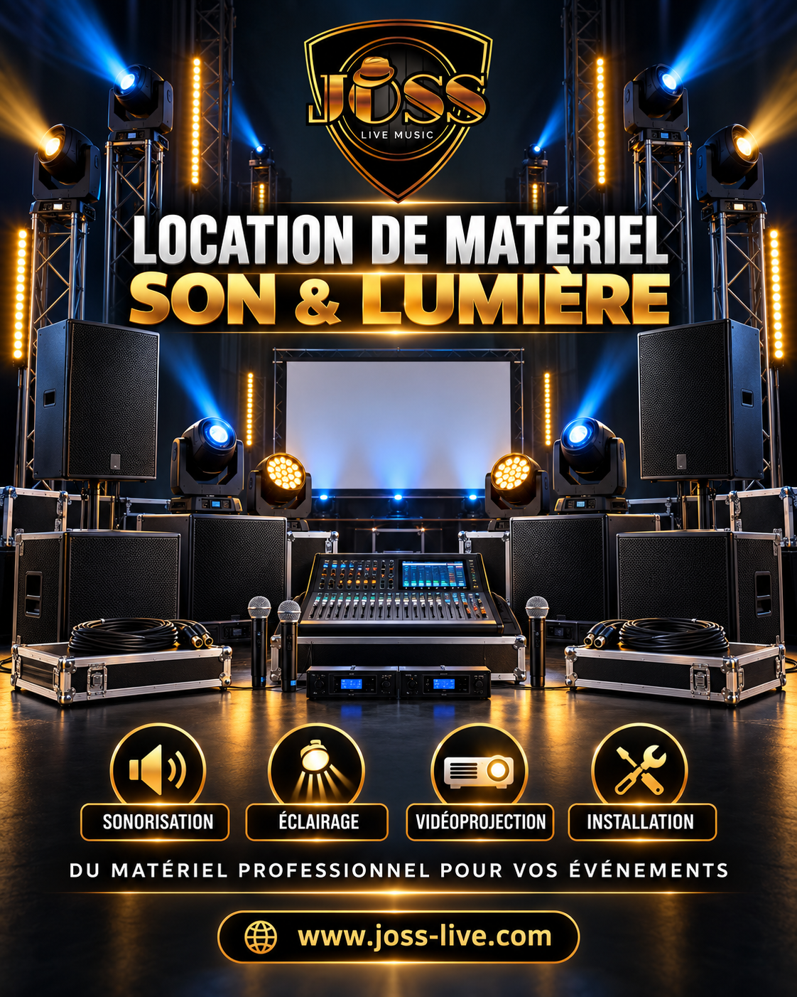 Affiche Joss Live : location de matériel son et lumière, sonorisation, éclairage, vidéoprojection et installation