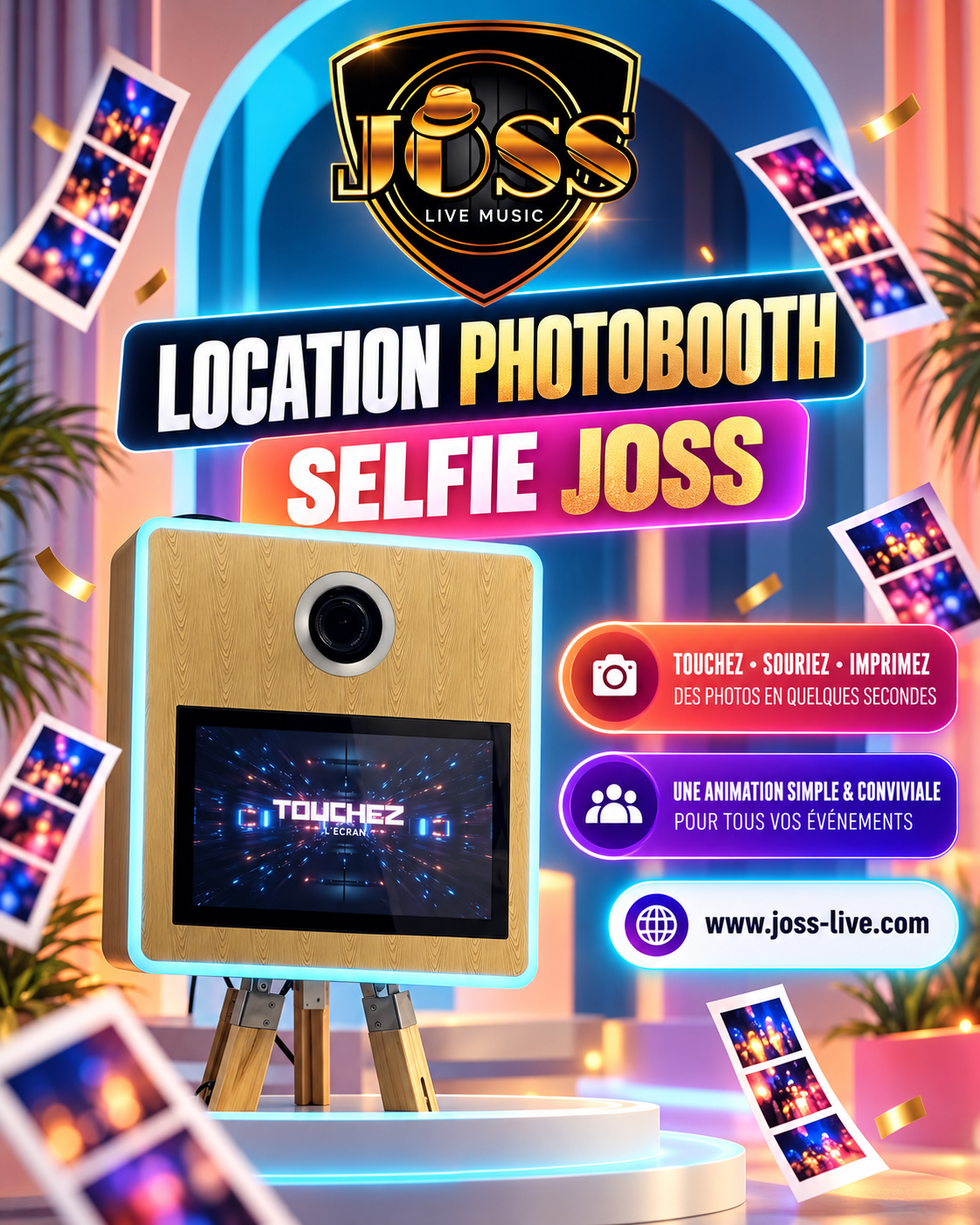 Affiche Location Photobooth Selfie Joss : touchez, souriez, imprimez